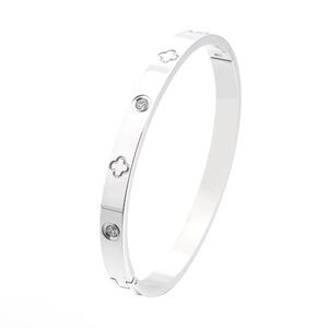 Clover with CZ Silver Tone Stainless Steel Bangle Bracelet